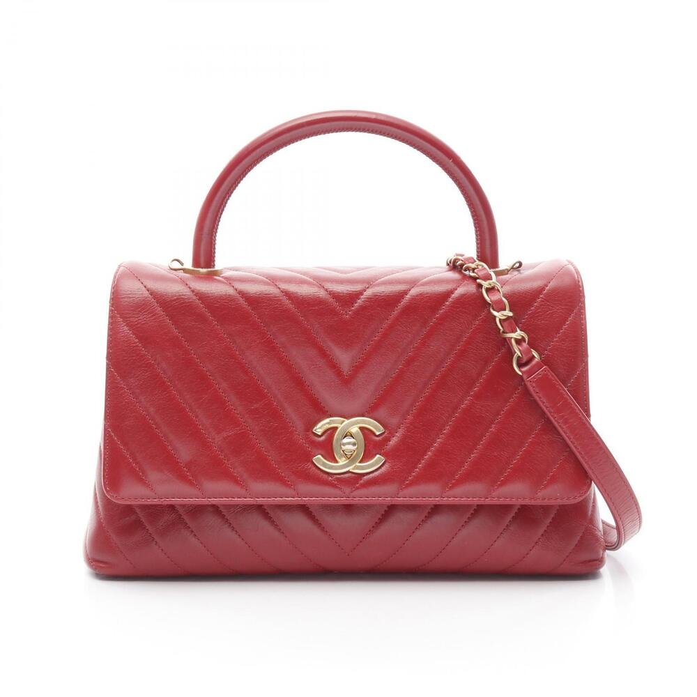 Chanel Coco Handle Top Flap Bag V Stitch Chevron Handbag Leather Red